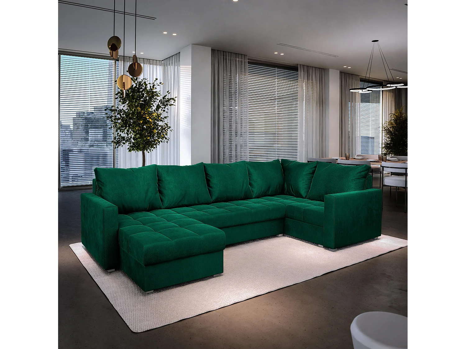 Canapé d'angle LORIVO Vert Sapin en peluche avec fonction de couchage