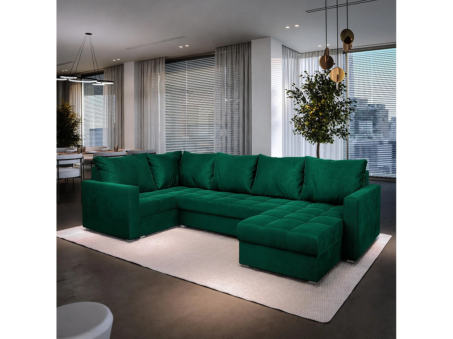 Canapé d'angle LORIVO Vert Sapin en peluche avec fonction de couchage