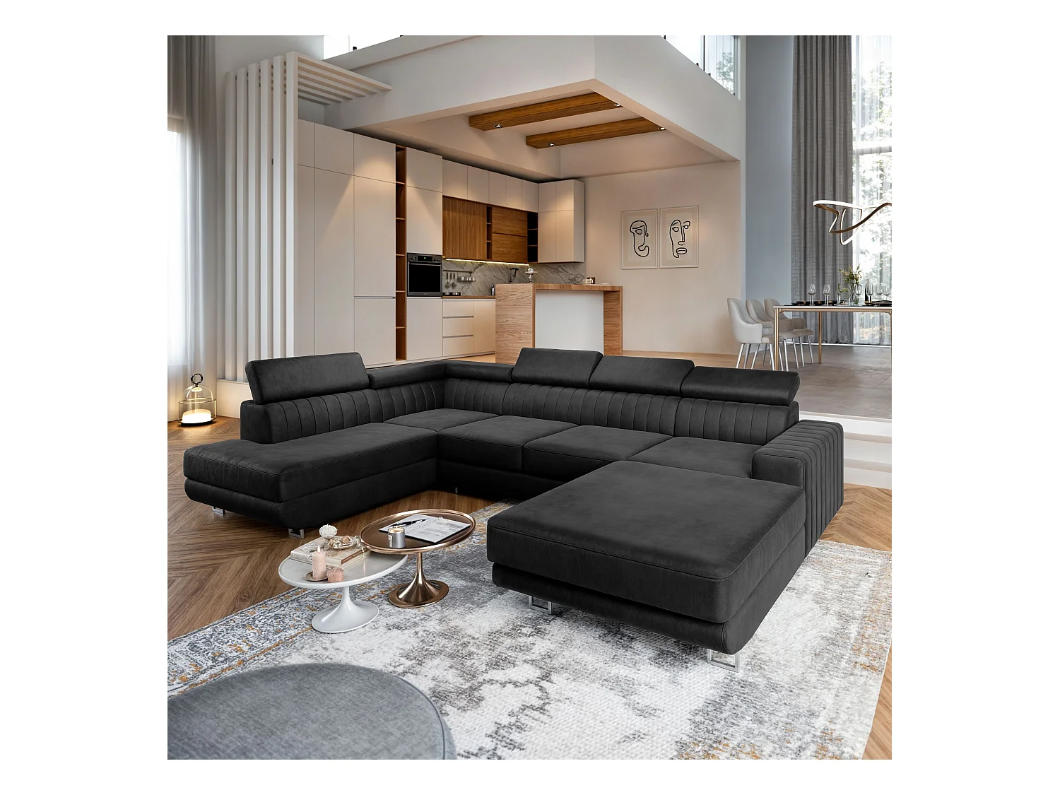 Canapé d'angle SIENA Noir en velours avec fonction de couchage