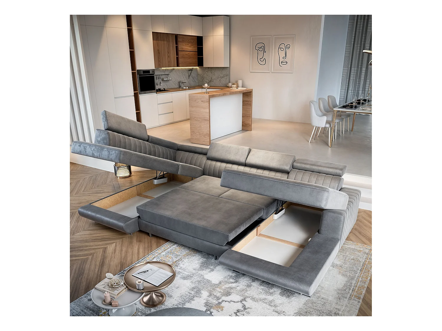 Canapé d'angle SIENA Noir en velours avec fonction de couchage