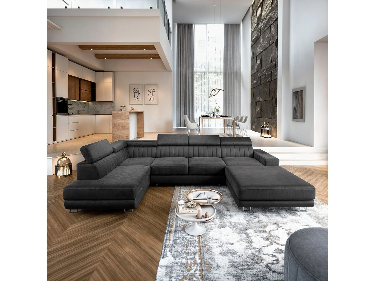 Canapé d'angle SIENA Noir en velours avec fonction de couchage