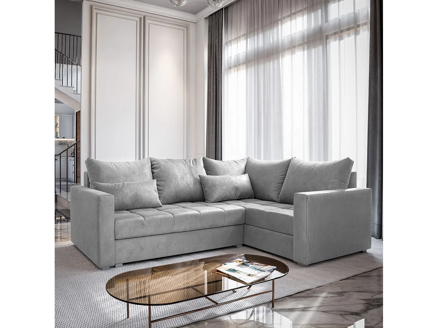 Canapé d'angle LIRENO Gris clair en peluche avec fonction de couchage