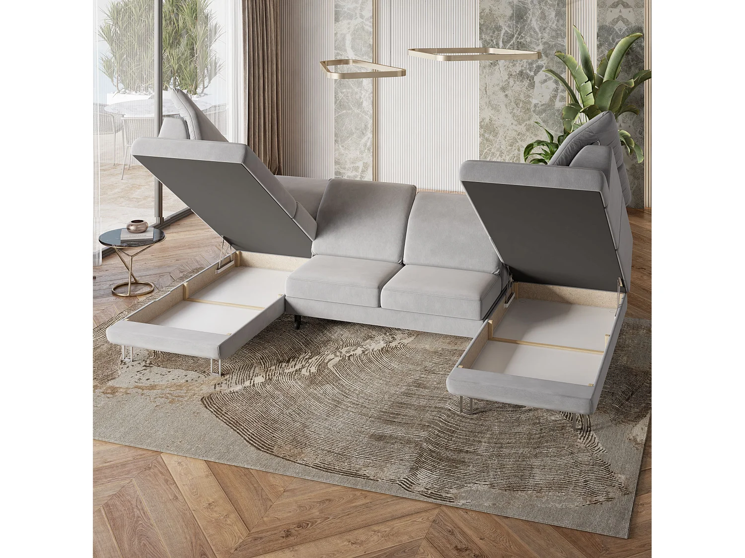 Canapé d'angle TERAMO Beige en velours avec fonction de couchage