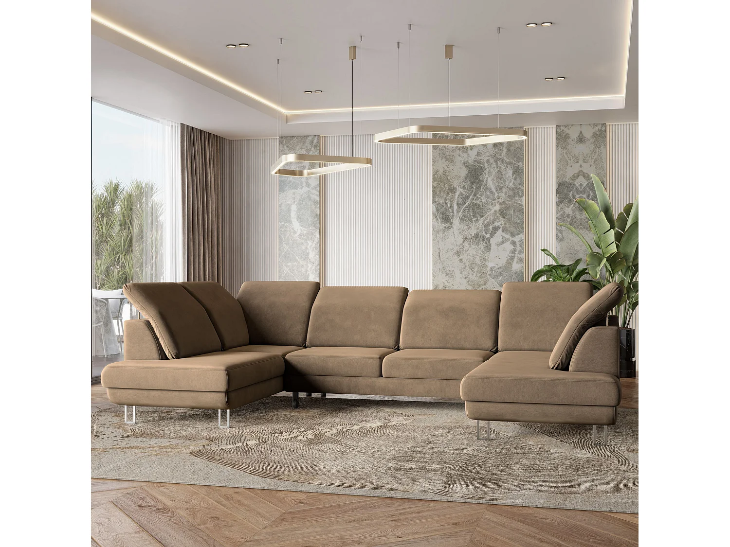 Hoekbank TERAMO van fluweel met slaapfunctie Beige