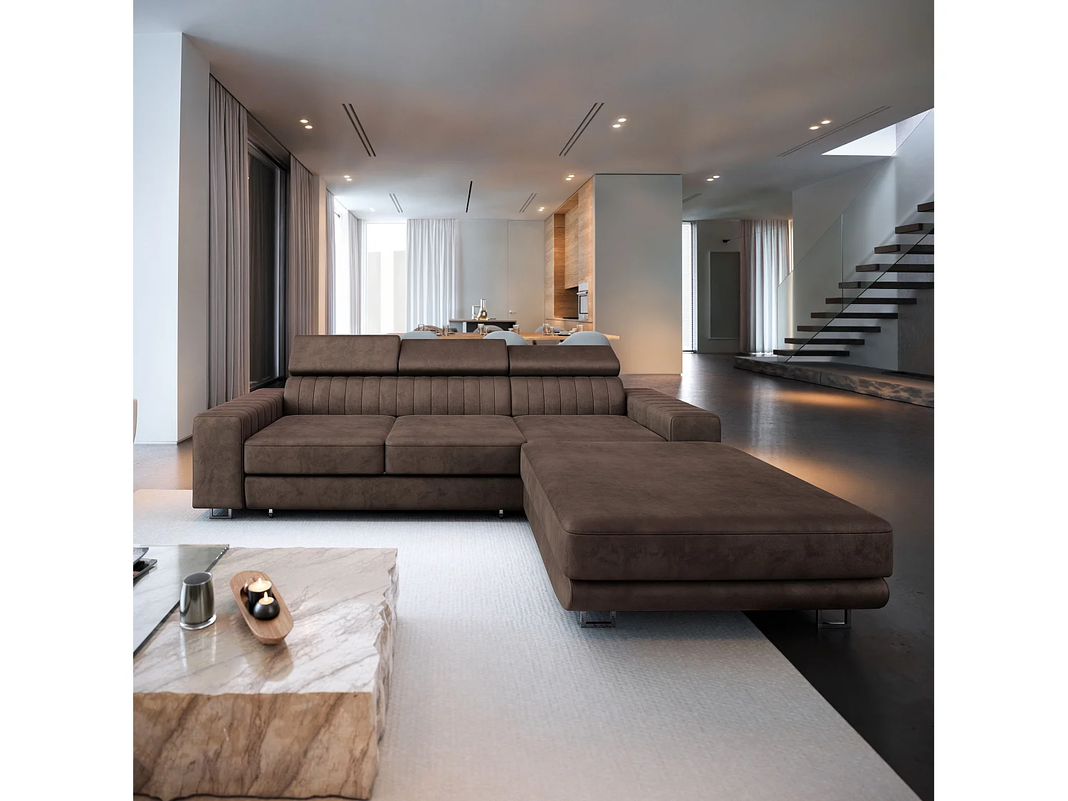 Hoekbank NOTO van fluweel met slaapfunctie Braun