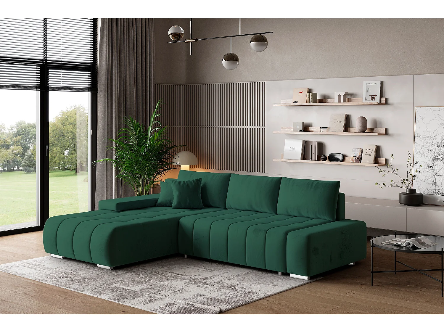 Canapé d'angle ALESE Vert Sapin en velours avec fonction de couchage