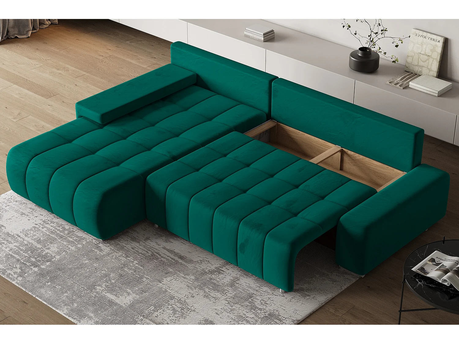 Hoekbank ALESE van fluweel met slaapfunctie Grün