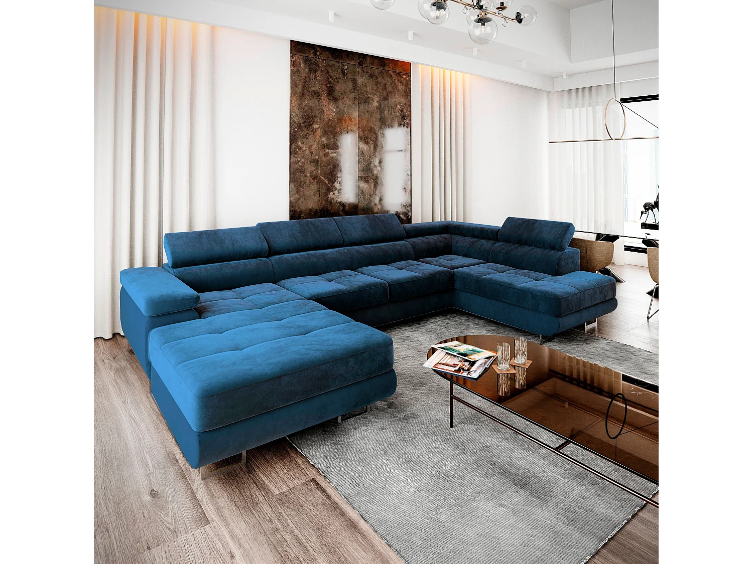 Canapé d'angle CASONE Bleu en velours avec fonction de couchage