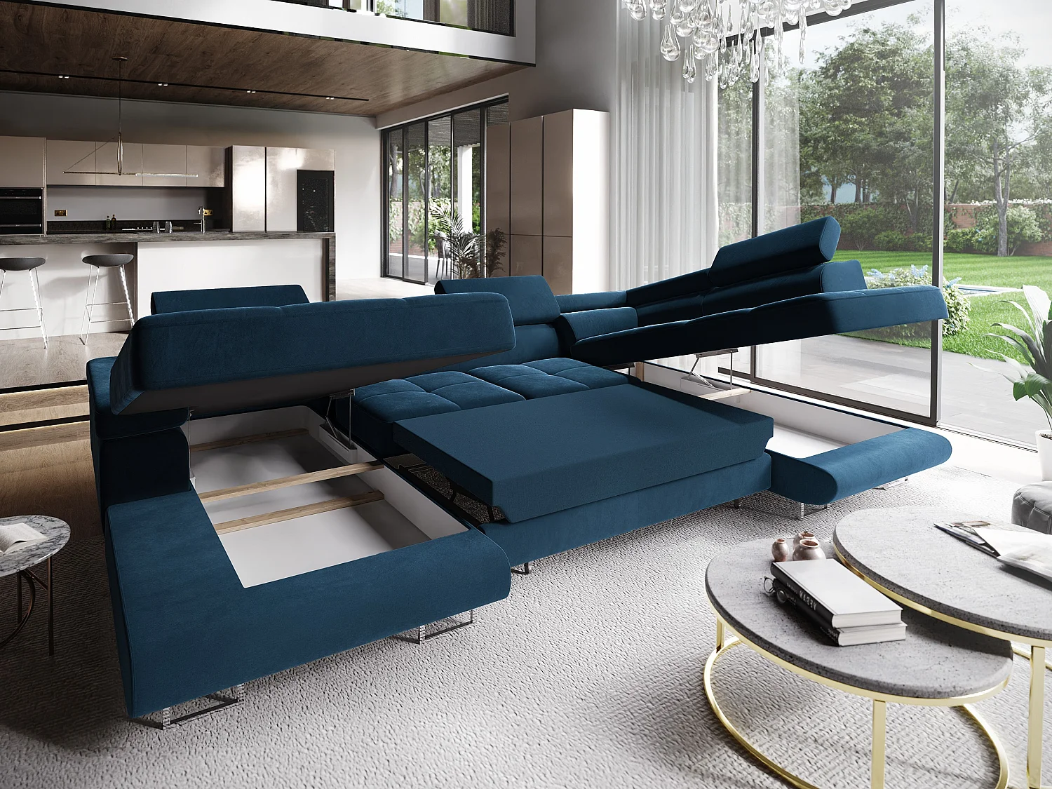 Canapé d'angle CASONE Bleu en velours avec fonction de couchage