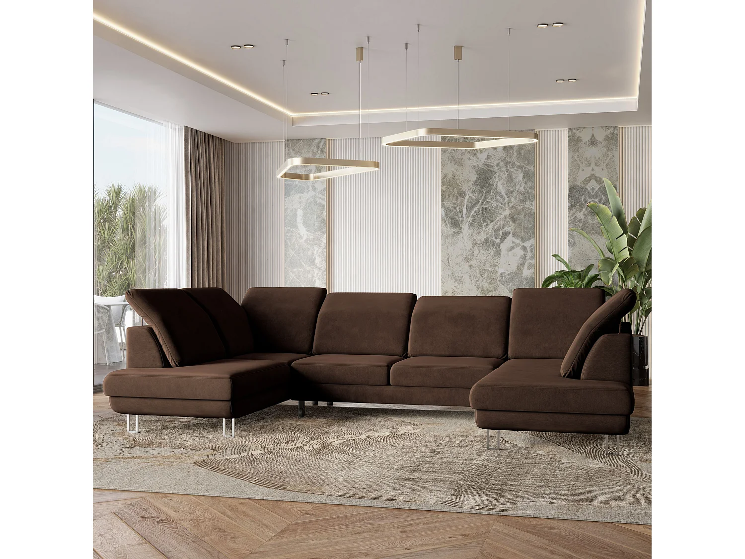 Canapé d'angle TERAMO Marron en velours avec fonction de couchage