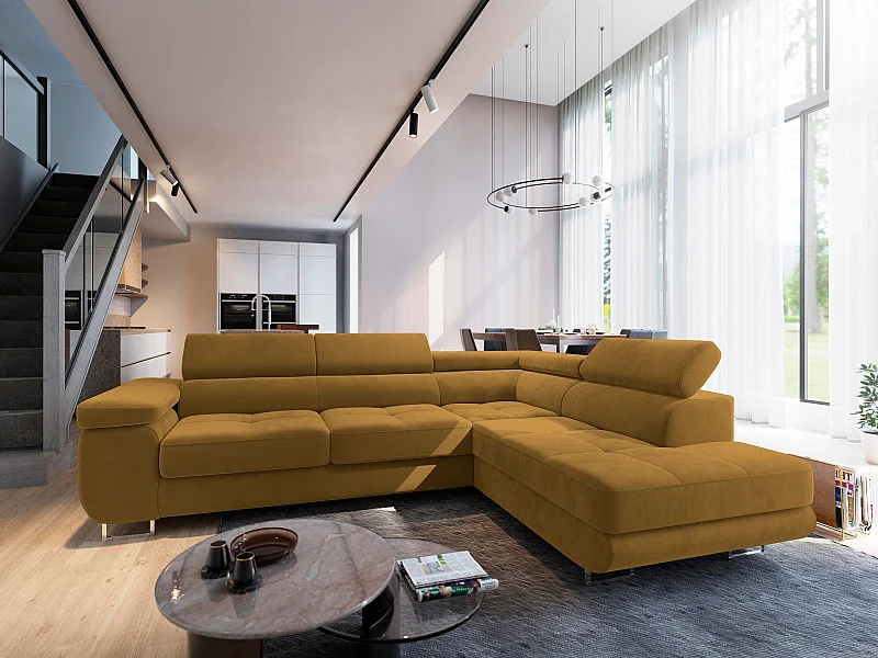 Canapé d'angle SELVA Jaune en velours avec fonction de couchage