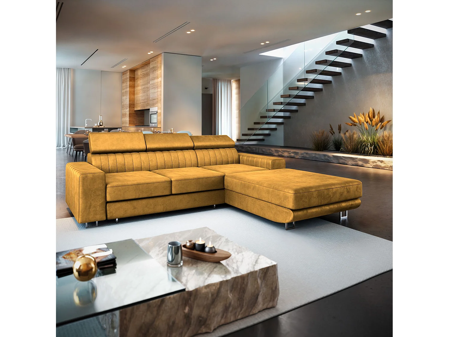 Canapé d'angle NOTO Jaune en velours avec fonction de couchage