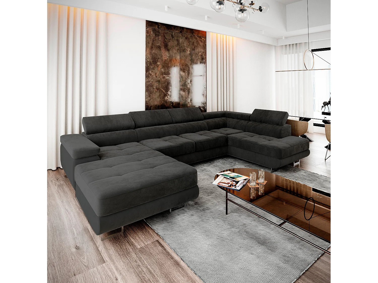 Canapé d'angle CASONE Noir en velours avec fonction de couchage