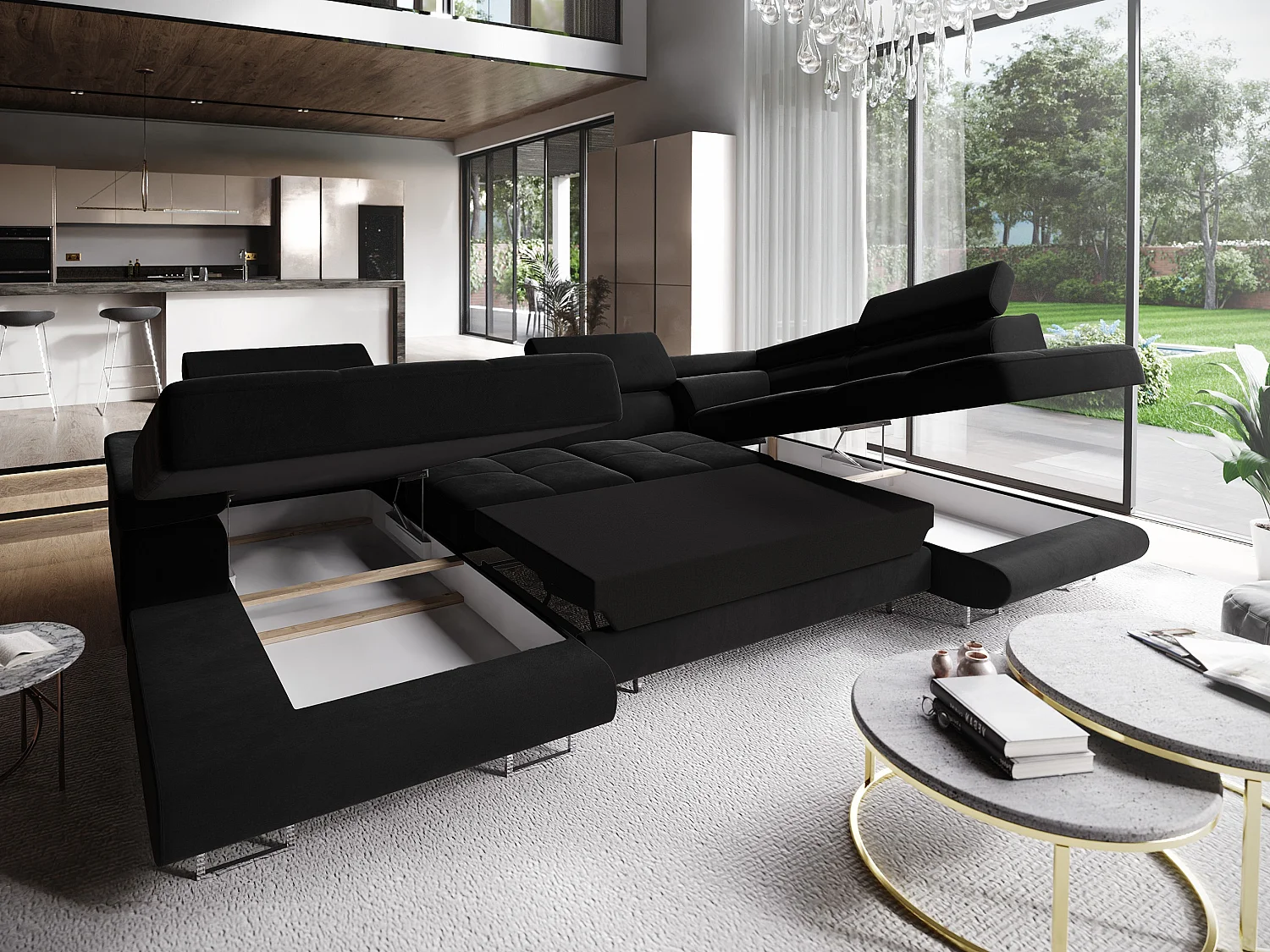 Canapé d'angle CASONE Noir en velours avec fonction de couchage