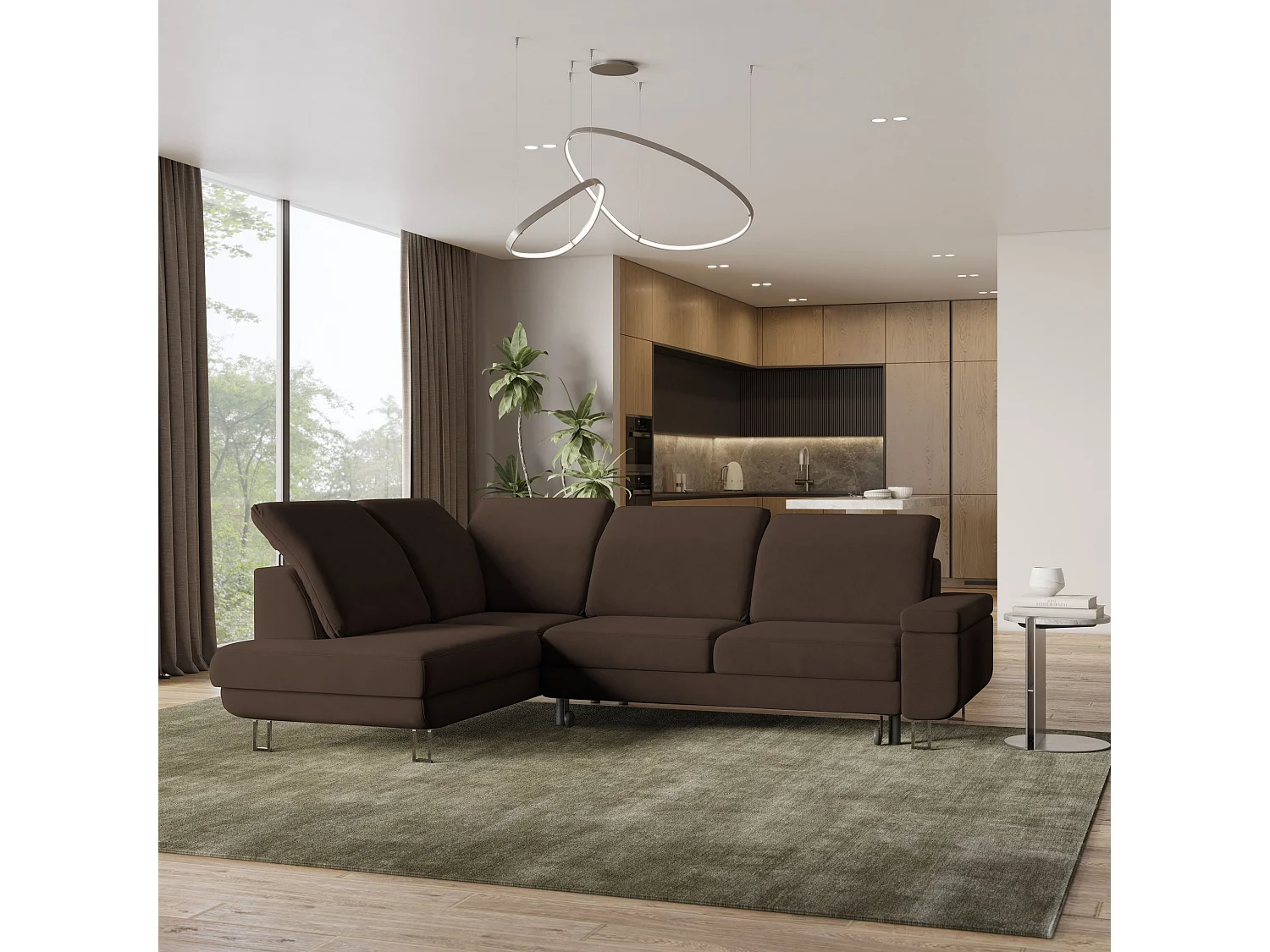 Canapé d'angle LERMA Marron en velours avec fonction de couchage