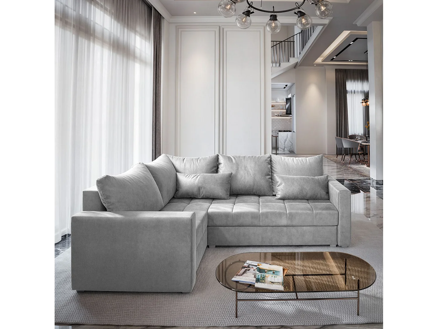 Hoekbank LIRENO van fluweel met slaapfunctie Hellgrau