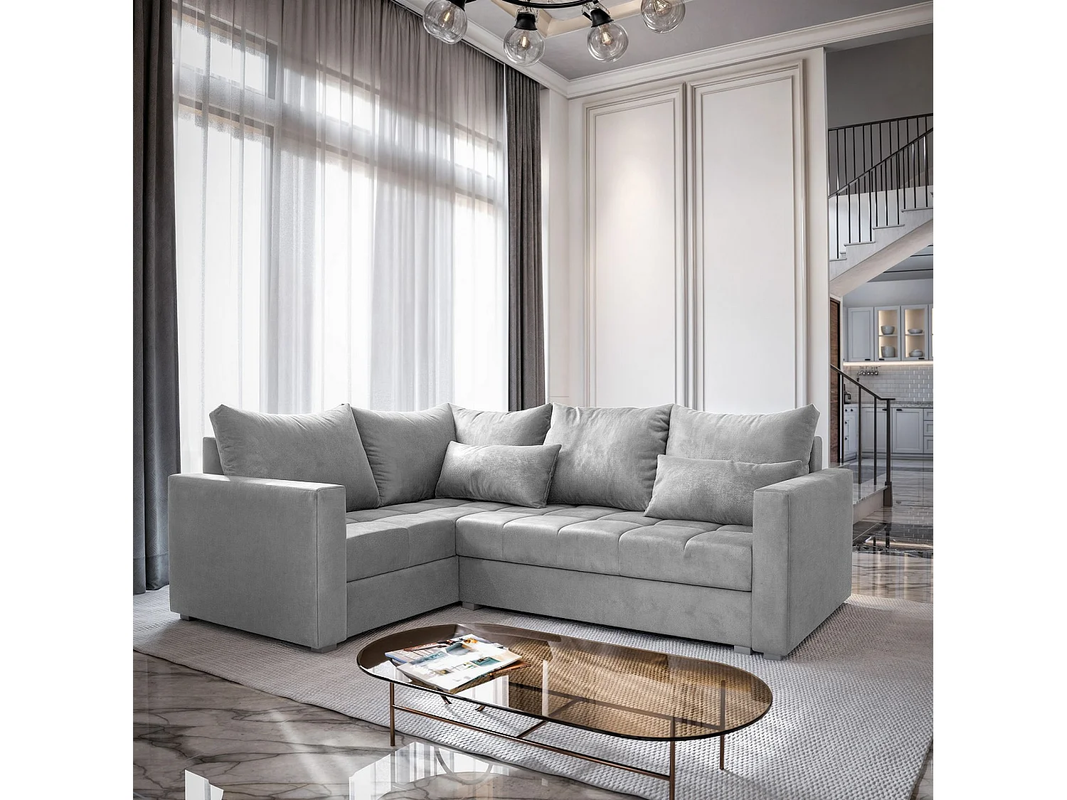 Canapé d'angle LIRENO Gris clair en peluche avec fonction de couchage