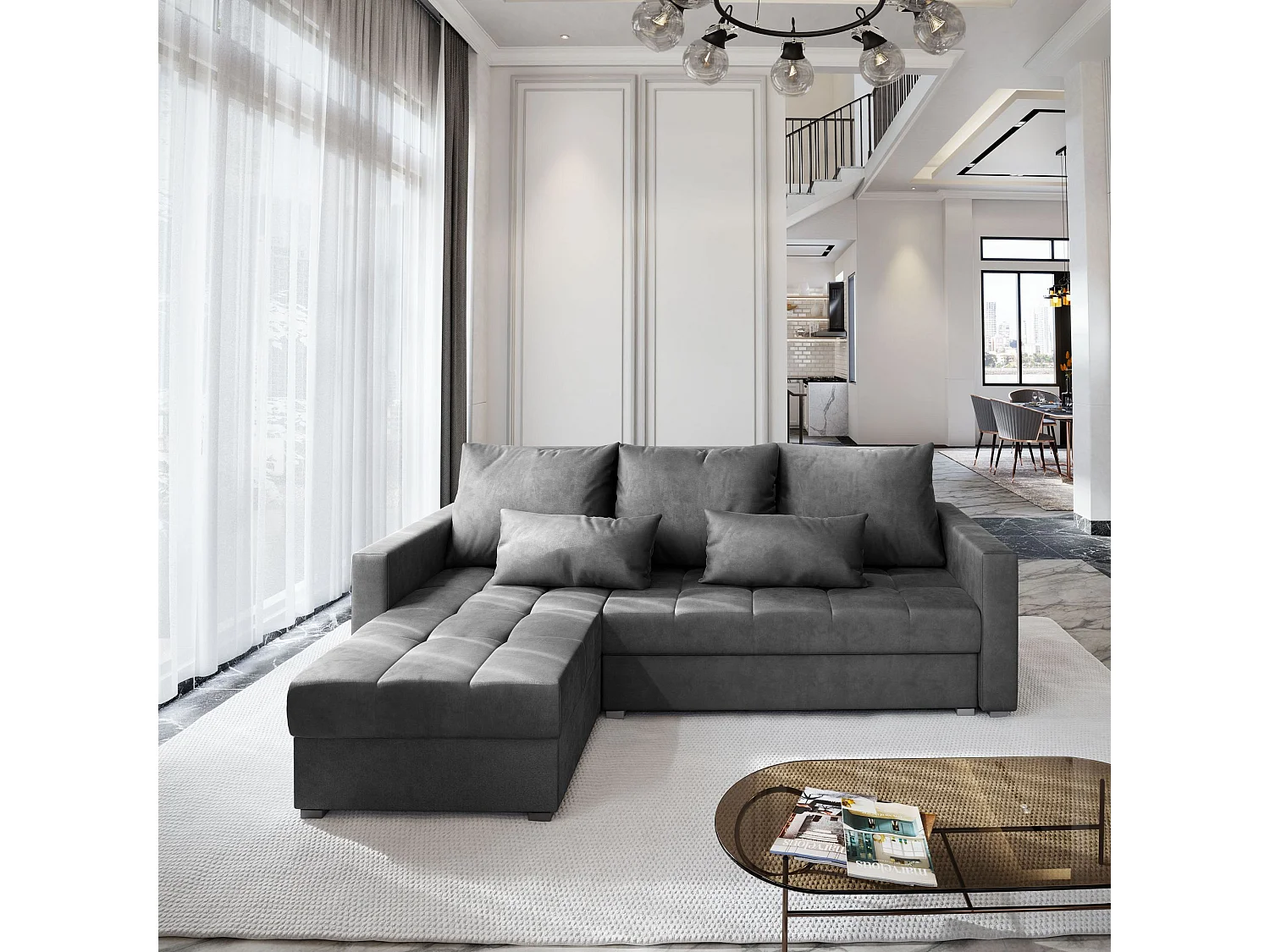 Canapé d'angle KOS Gris en velours avec fonction de couchage