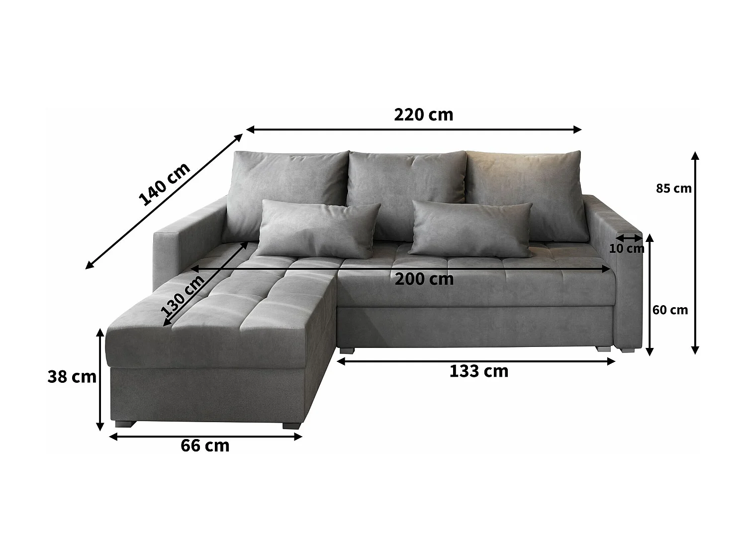 Canapé d'angle KOS Gris en velours avec fonction de couchage