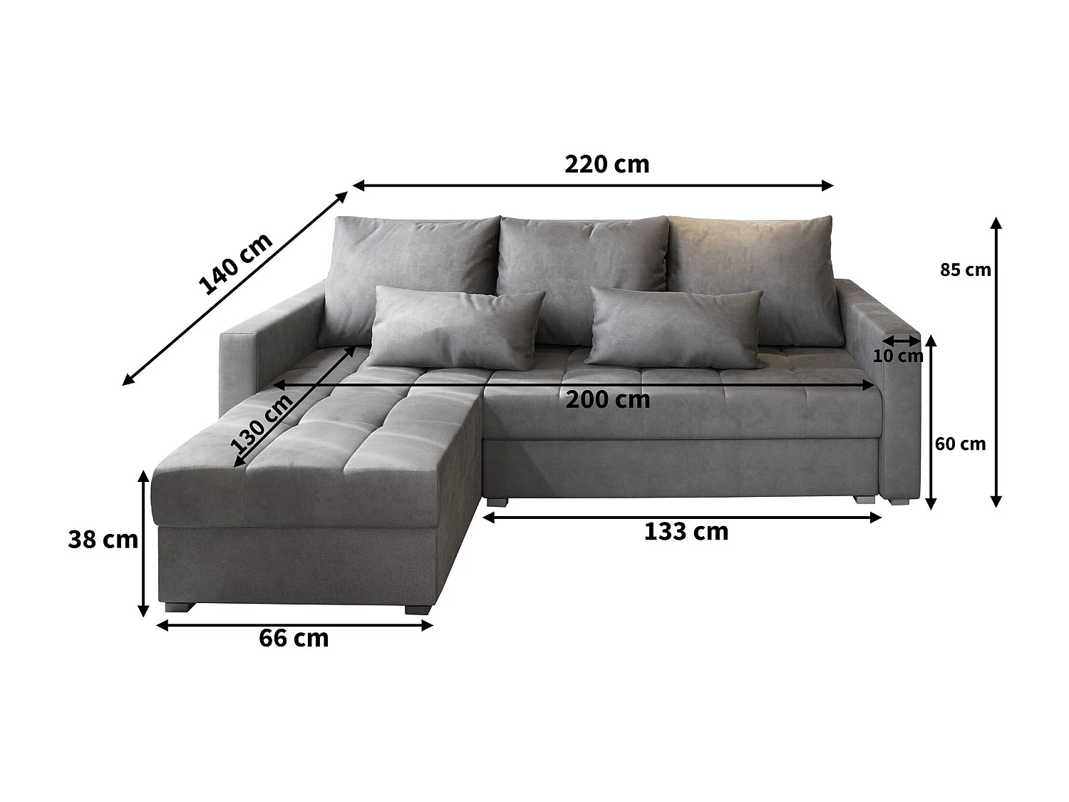 Canapé d'angle KOS Gris en velours avec fonction de couchage