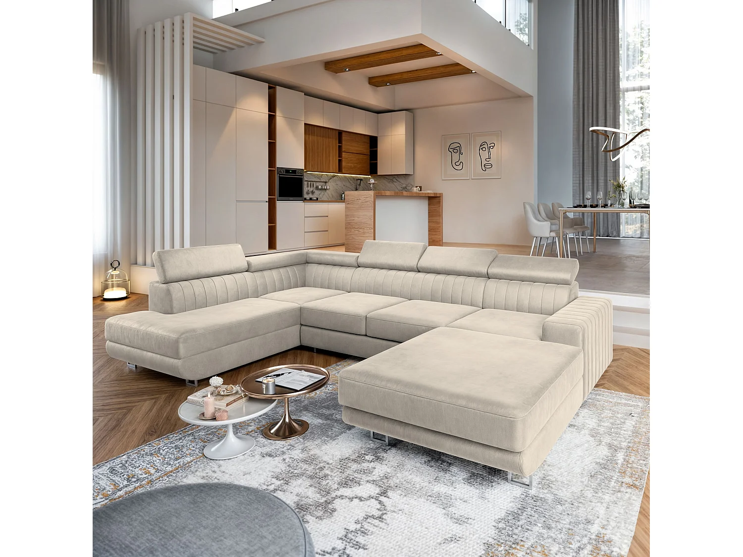 Hoekbank SIENA van fluweel met slaapfunctie Creme