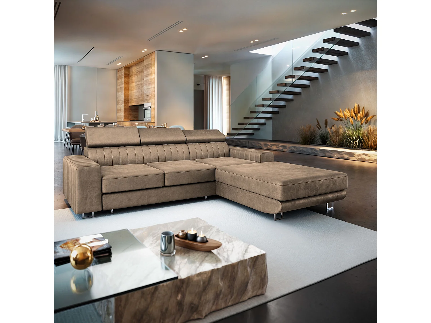 Canapé d'angle NOTO Beige en velours avec fonction de couchage