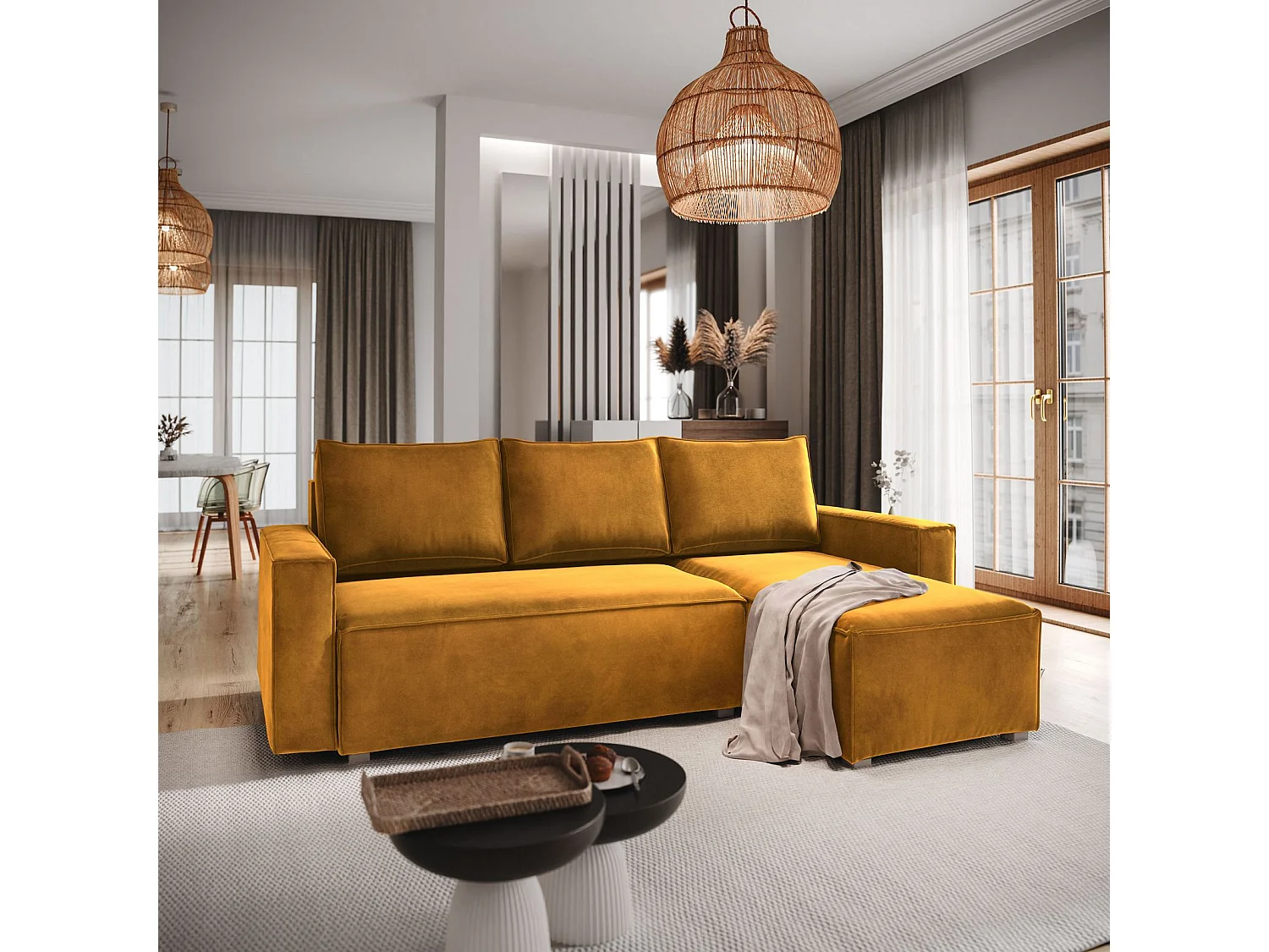 Canapé d'angle SILES Jaune en velours avec fonction de couchage