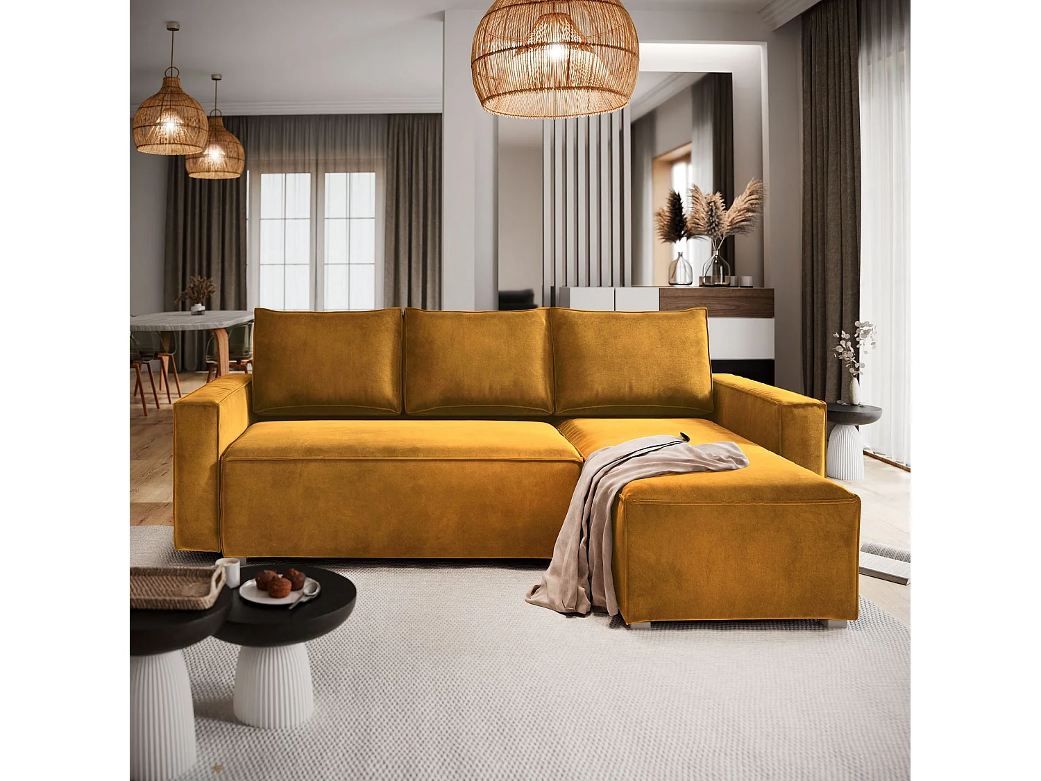 Hoekbank SILES van fluweel met slaapfunctie Gelb