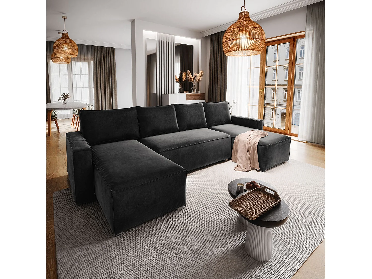 Canapé d'angle DENI Noir en velours avec fonction de couchage