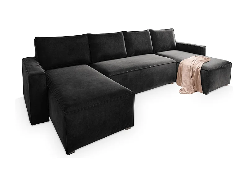Canapé d'angle DENI Noir en velours avec fonction de couchage