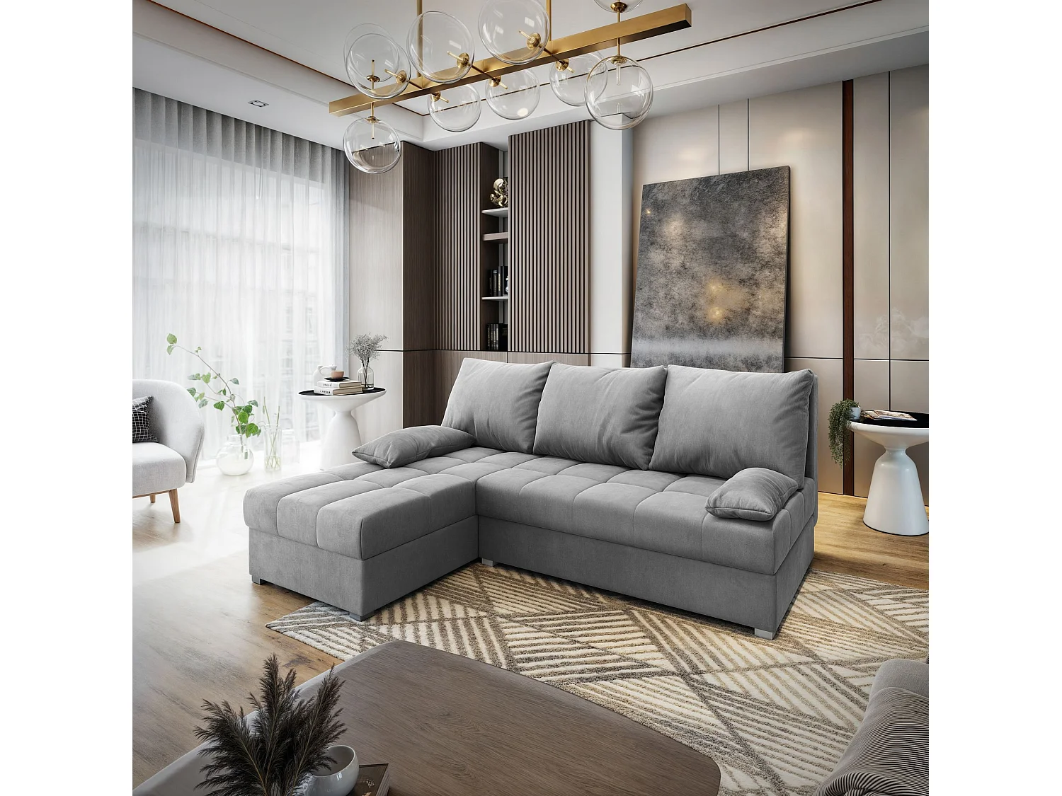 Canapé d'angle RITA Gris clair en velours avec fonction de couchage