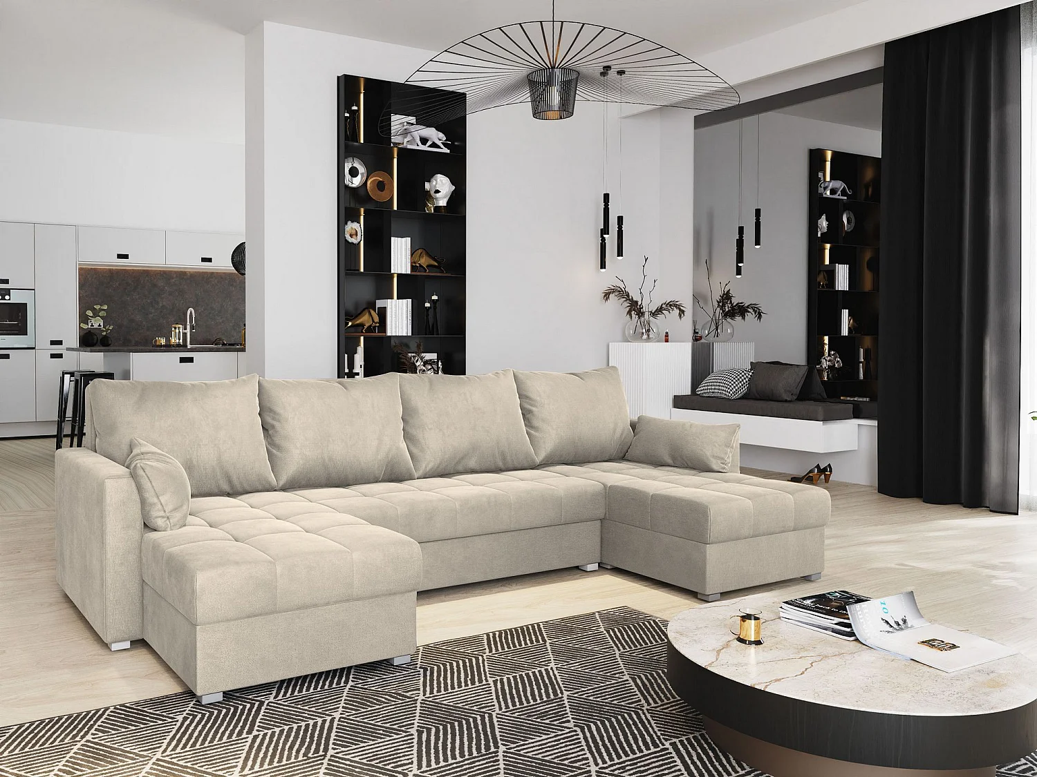 Canapé d'angle NAKO Crème en velours avec fonction de couchage