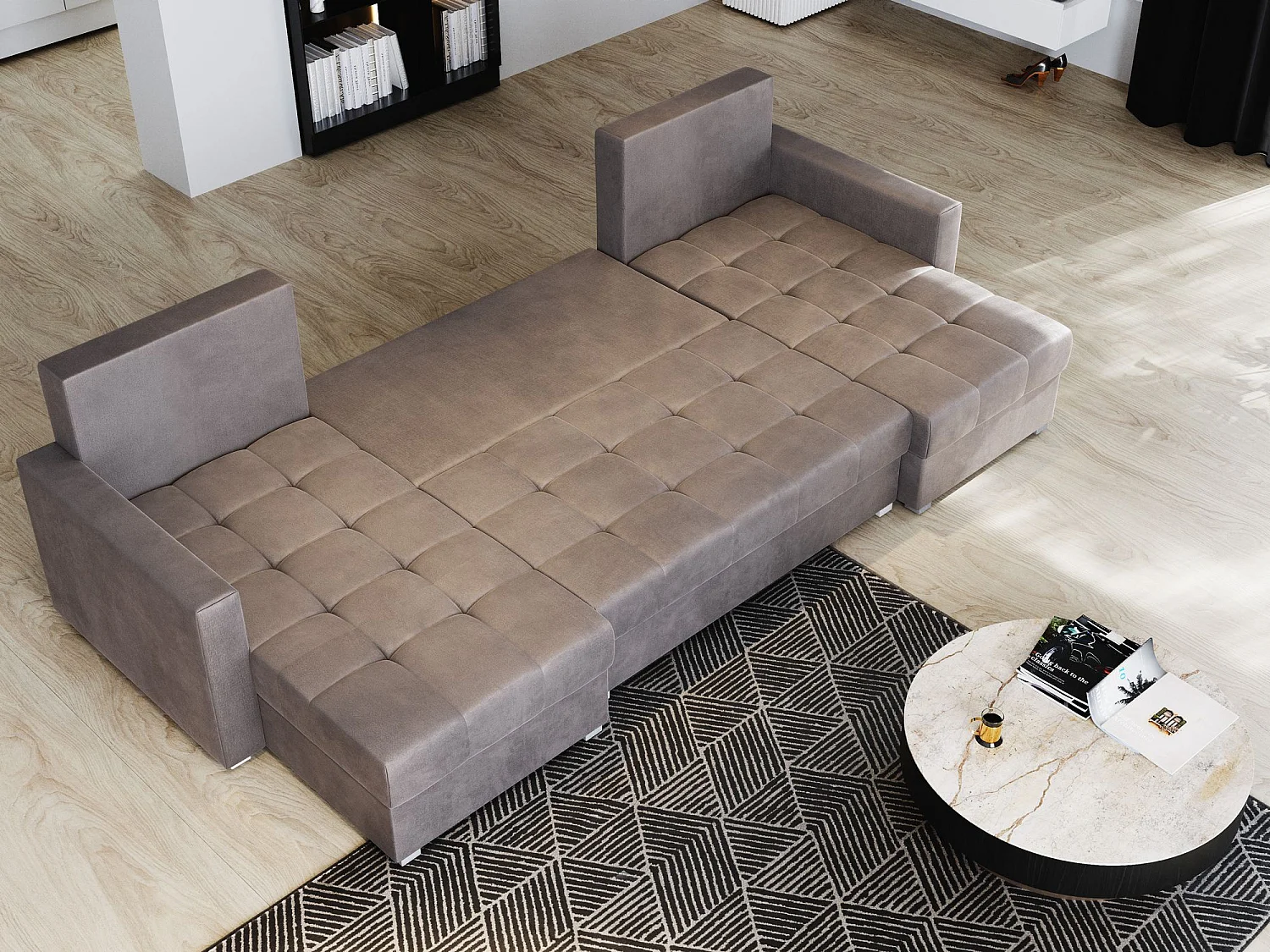 Canapé d'angle NAKO Crème en velours avec fonction de couchage