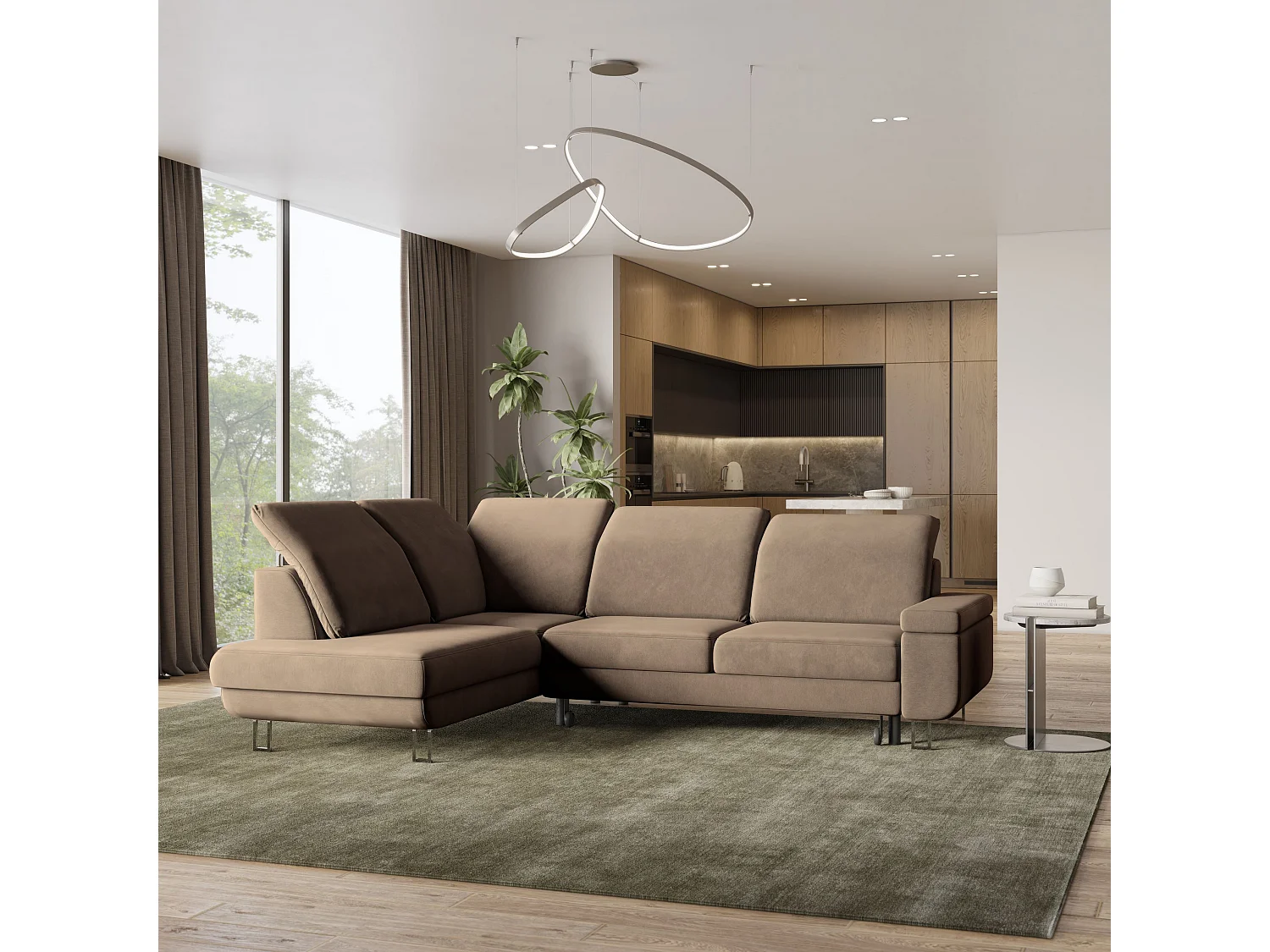 Canapé d'angle LERMA Beige en velours avec fonction de couchage