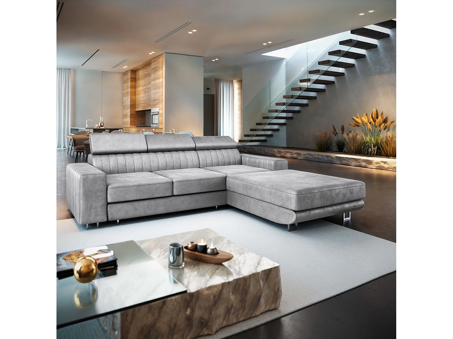 Canapé d'angle NOTO Gris clair en velours avec fonction de couchage