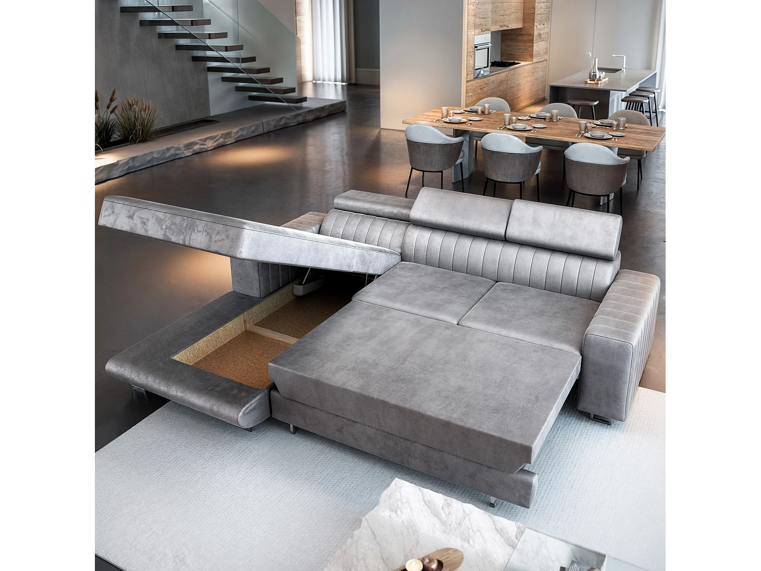 Canapé d'angle NOTO Gris clair en velours avec fonction de couchage