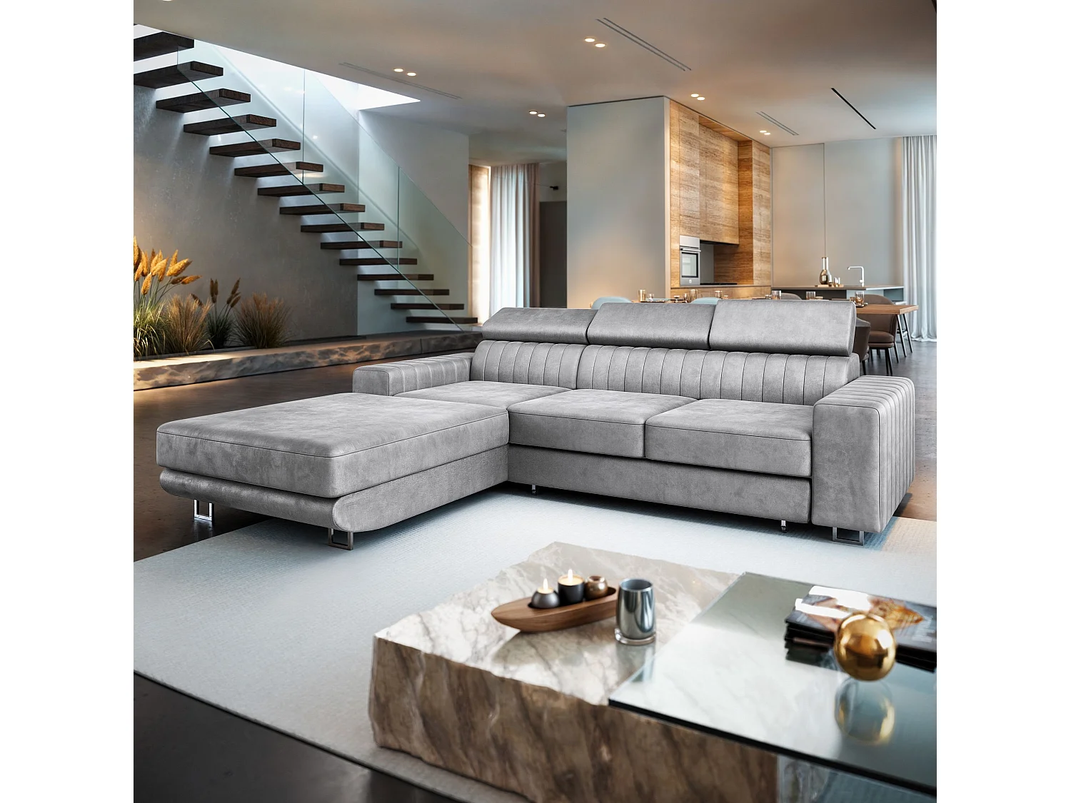 Canapé d'angle NOTO Gris clair en velours avec fonction de couchage