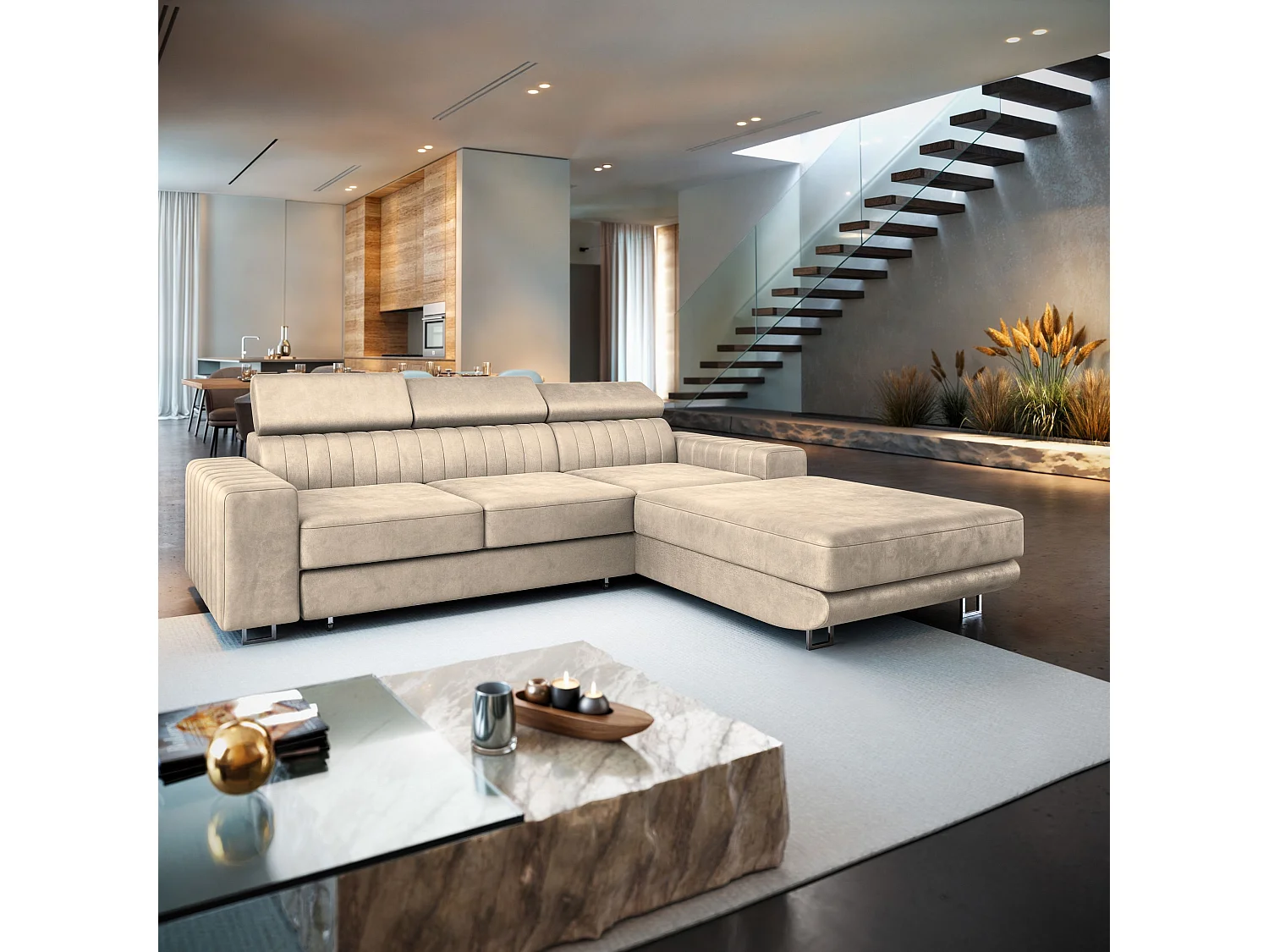 Hoekbank NOTO van fluweel met slaapfunctie Creme