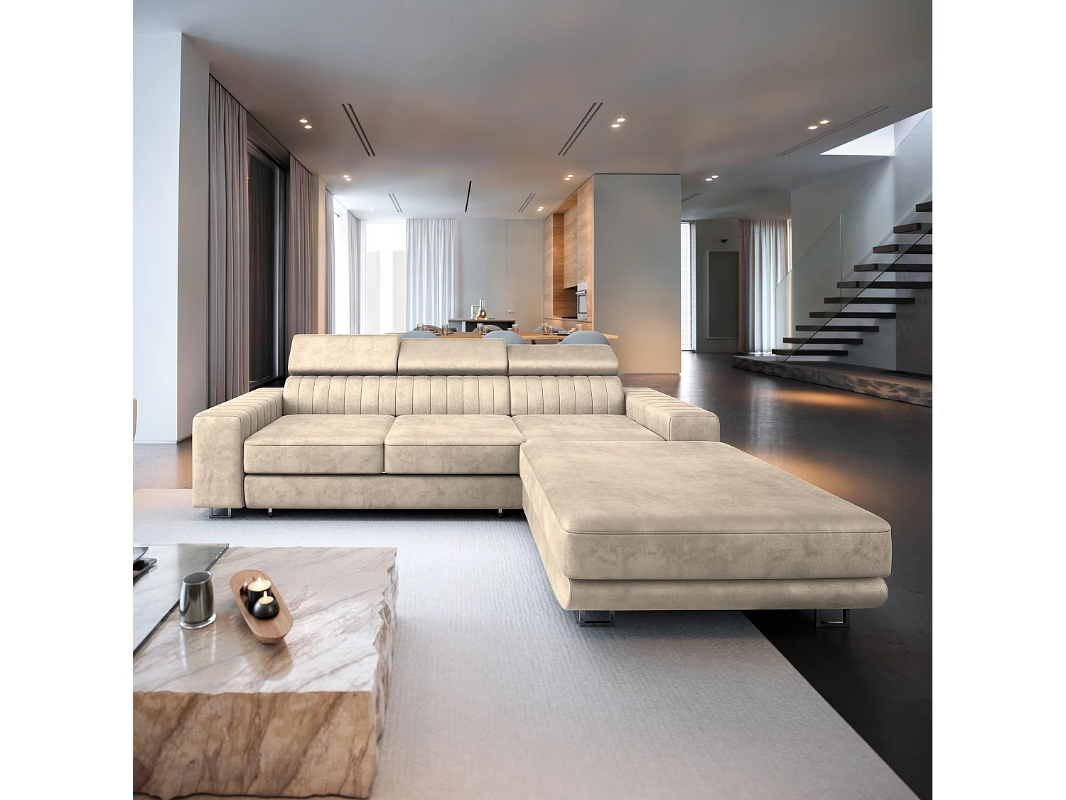 Hoekbank NOTO van fluweel met slaapfunctie Creme
