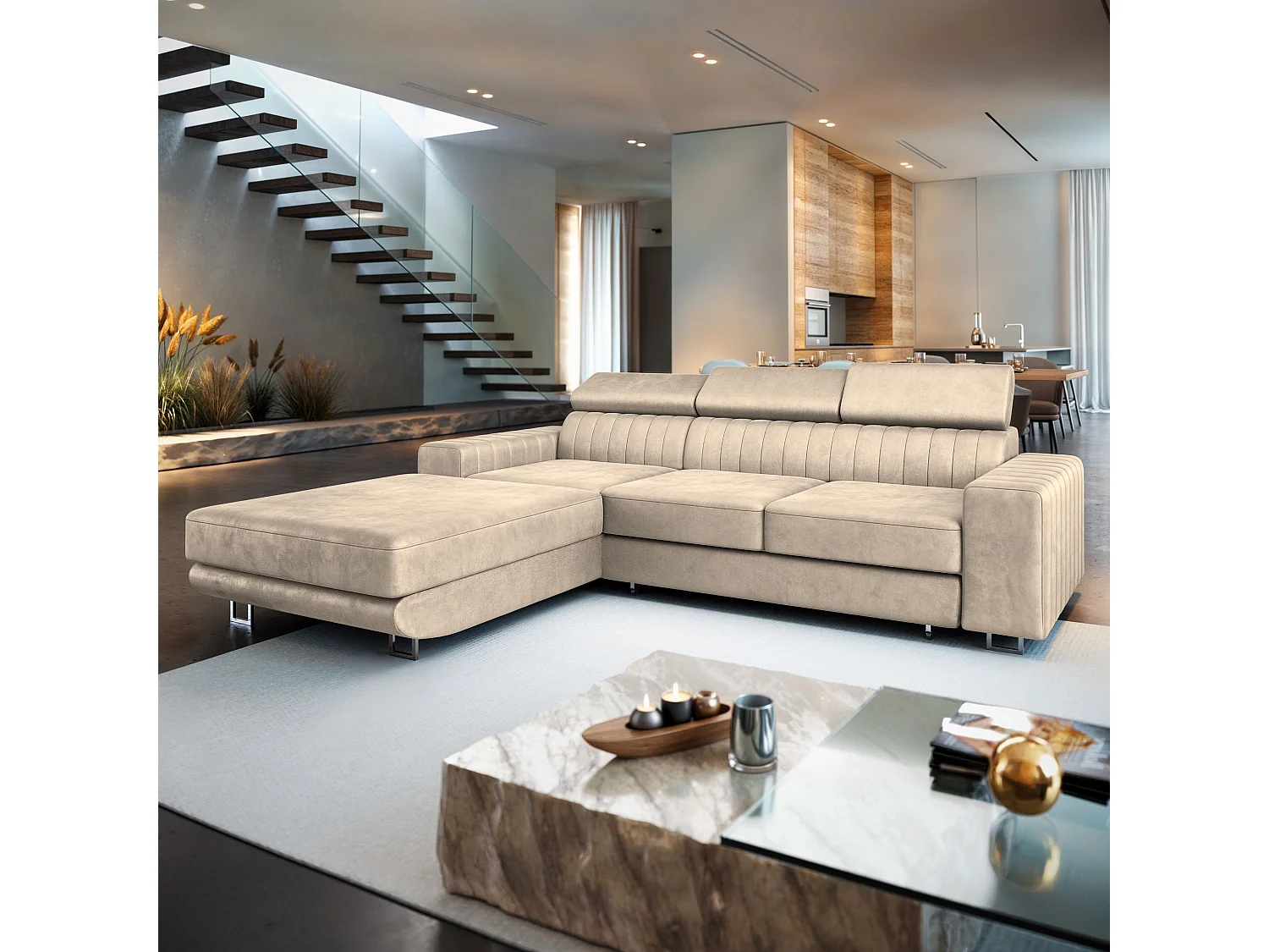 Canapé d'angle NOTO Crème en velours avec fonction de couchage