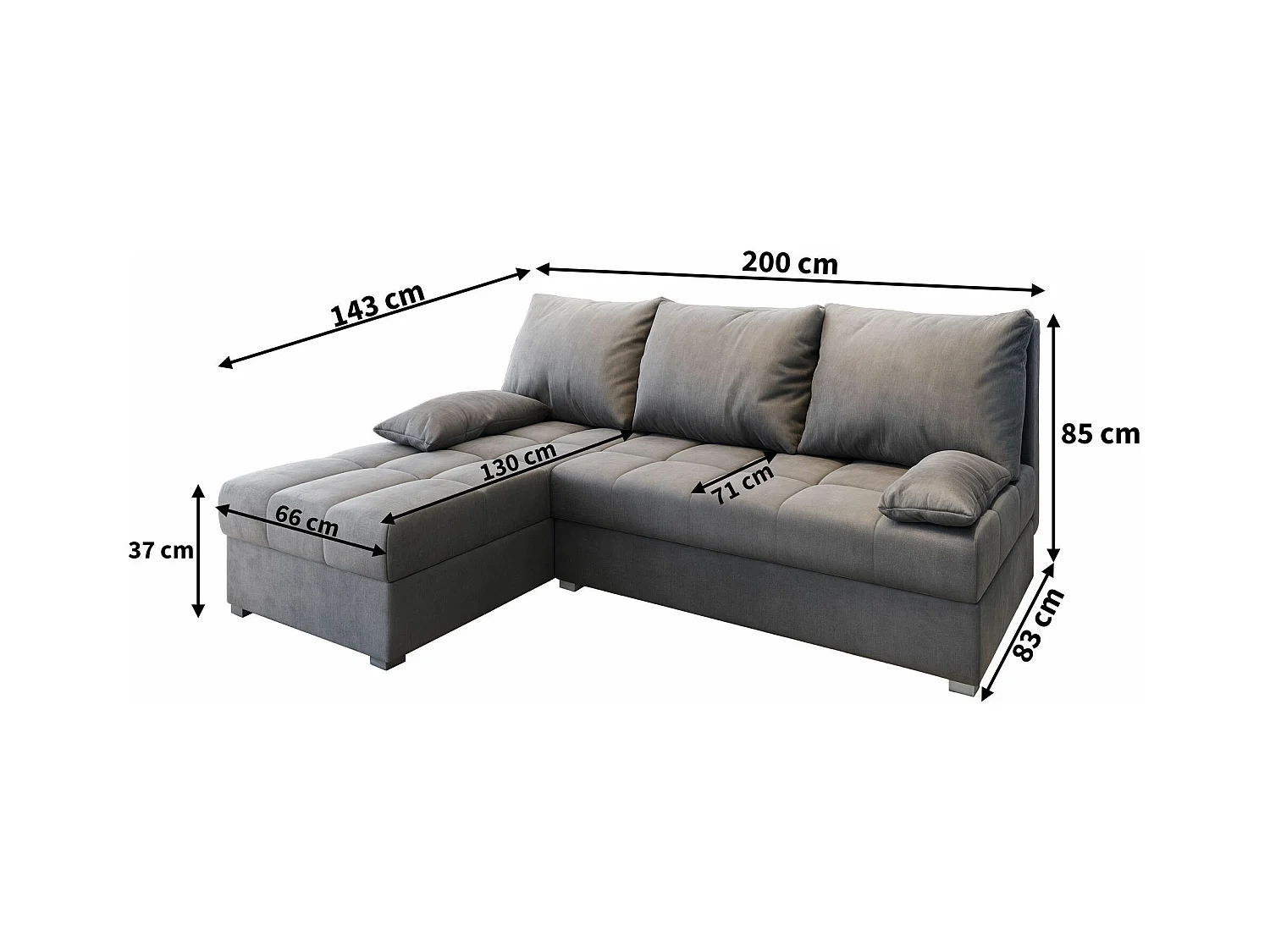 Canapé d'angle RITA Gris en velours avec fonction de couchage