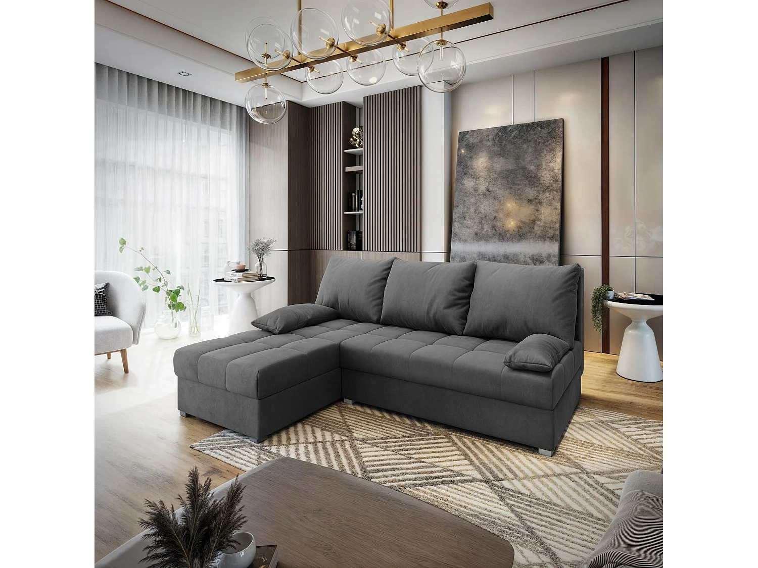 Canapé d'angle RITA Gris en velours avec fonction de couchage