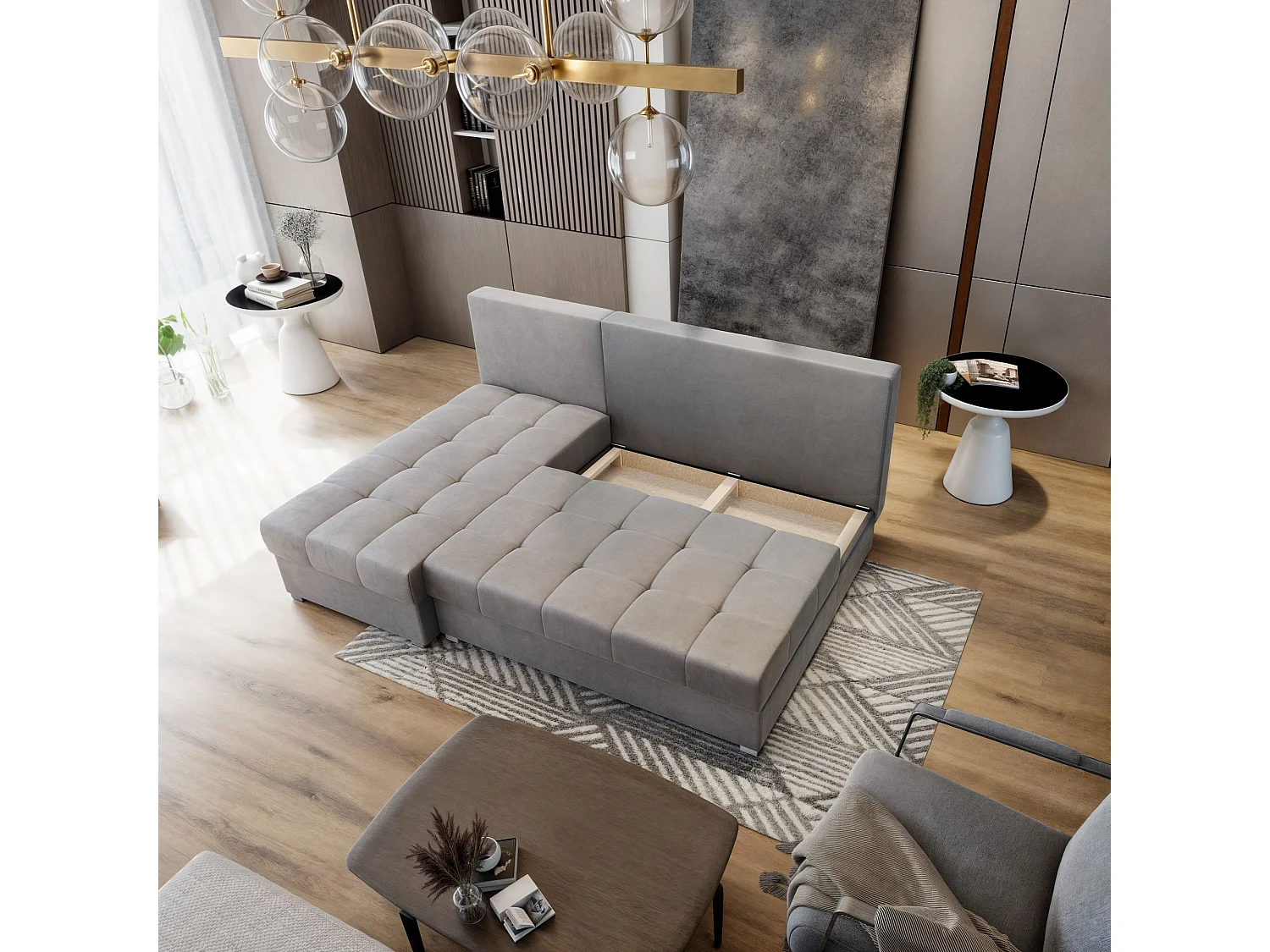 Canapé d'angle RITA Gris en velours avec fonction de couchage