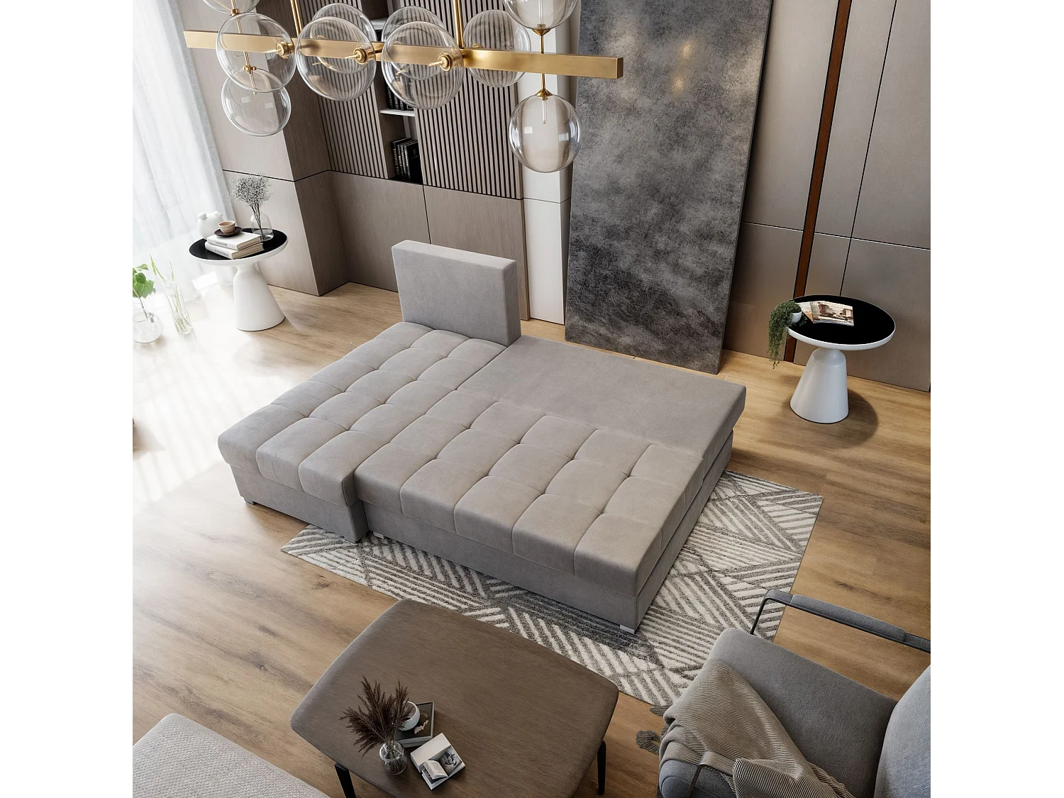 Canapé d'angle RITA Gris en velours avec fonction de couchage