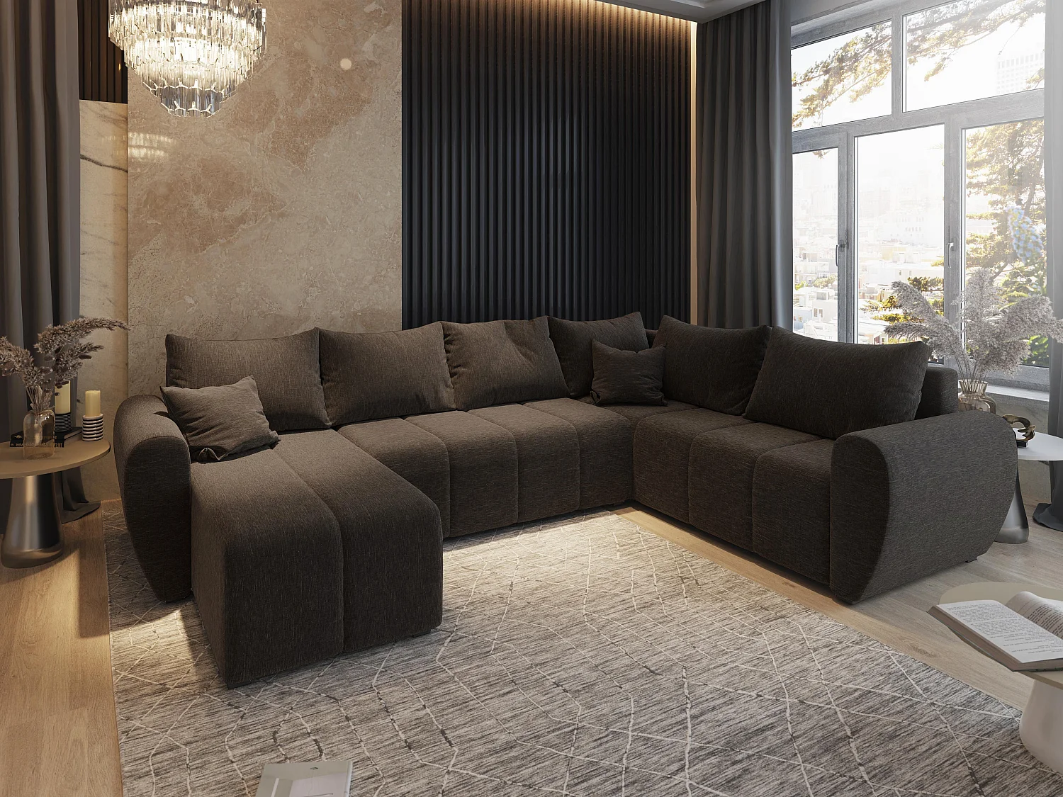 Canapé d'angle MADISON Marron en tissu texturé avec fonction de couchage