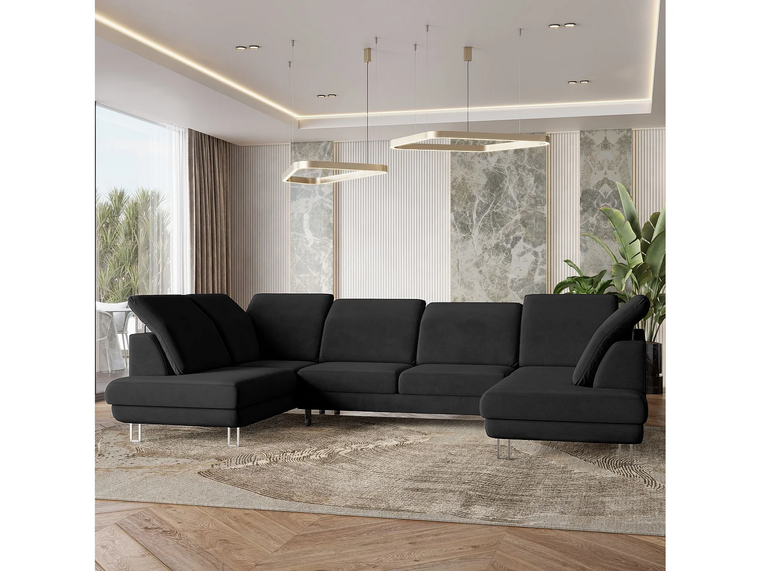 Canapé d'angle TERAMO Noir en velours avec fonction de couchage