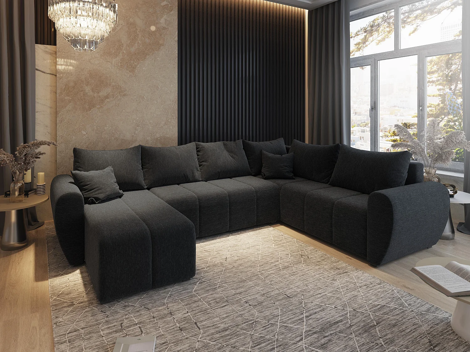 Canapé d'angle MADISON Noir en tissu texturé avec fonction de couchage