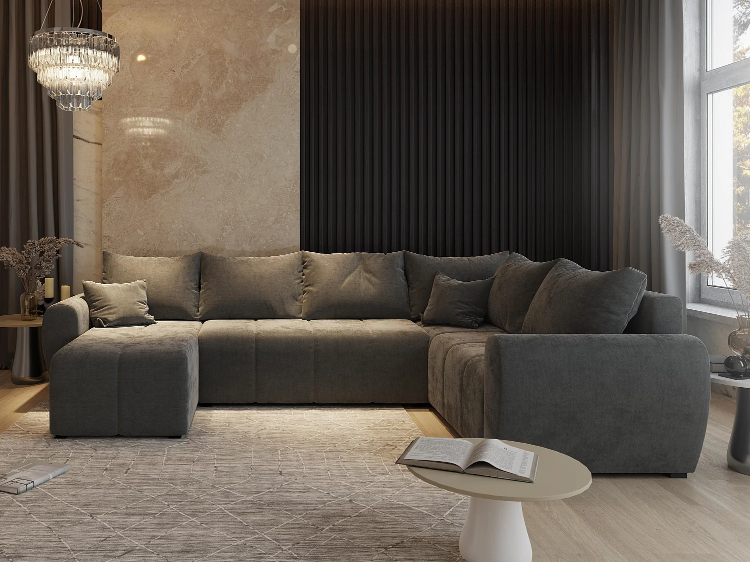 Canapé d'angle MADISON Noir en tissu texturé avec fonction de couchage