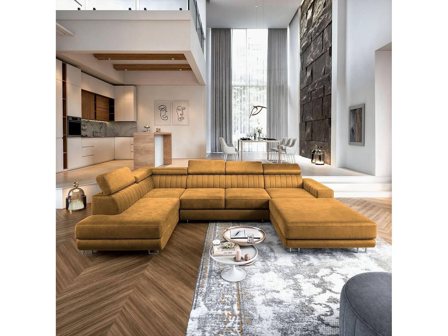 Hoekbank SIENA van fluweel met slaapfunctie Gelb