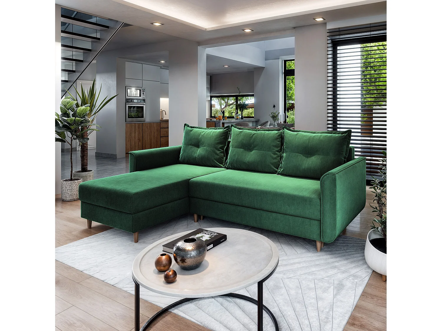 Canapé d'angle PISAN Vert Sapin en peluche avec fonction de couchage